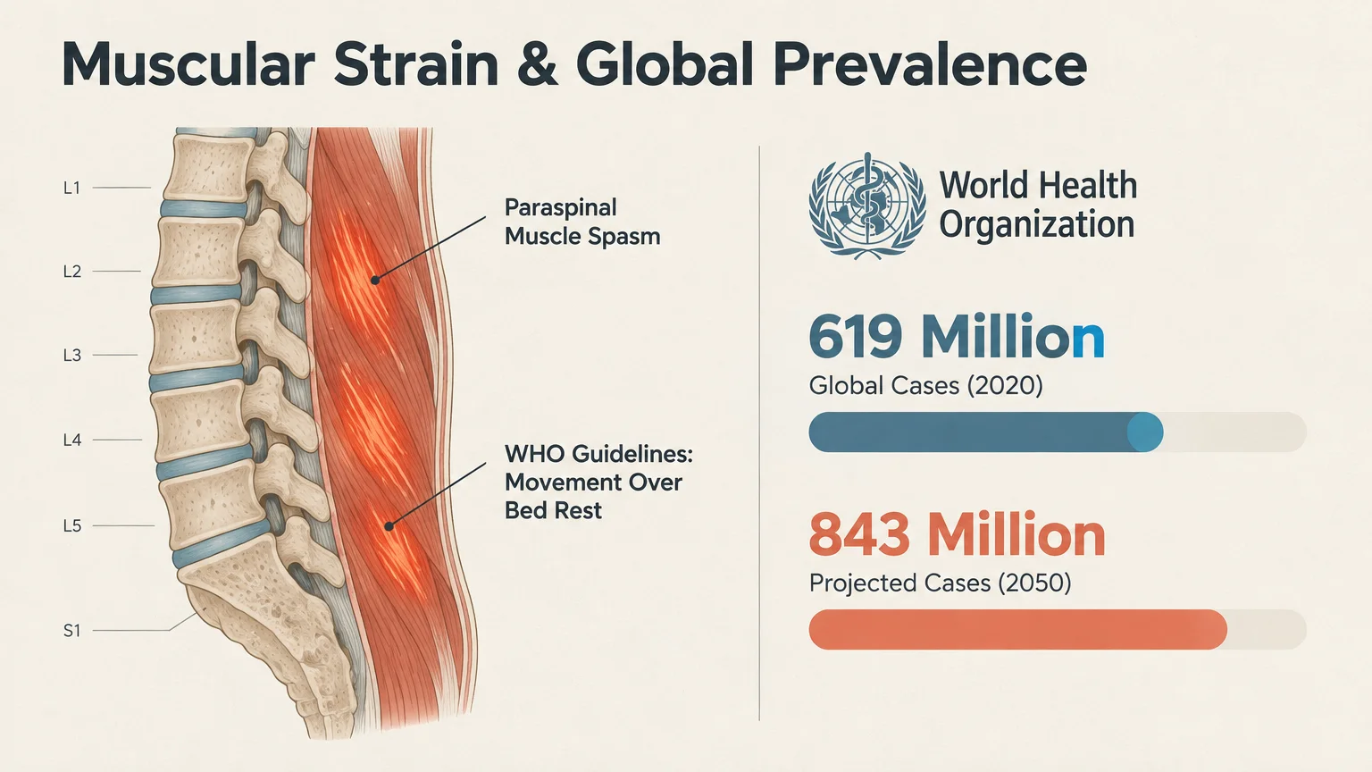 Diagram of lumbar spine muscle spasm alongside World Health Organization statistics showing back pain cases rising by 2050.