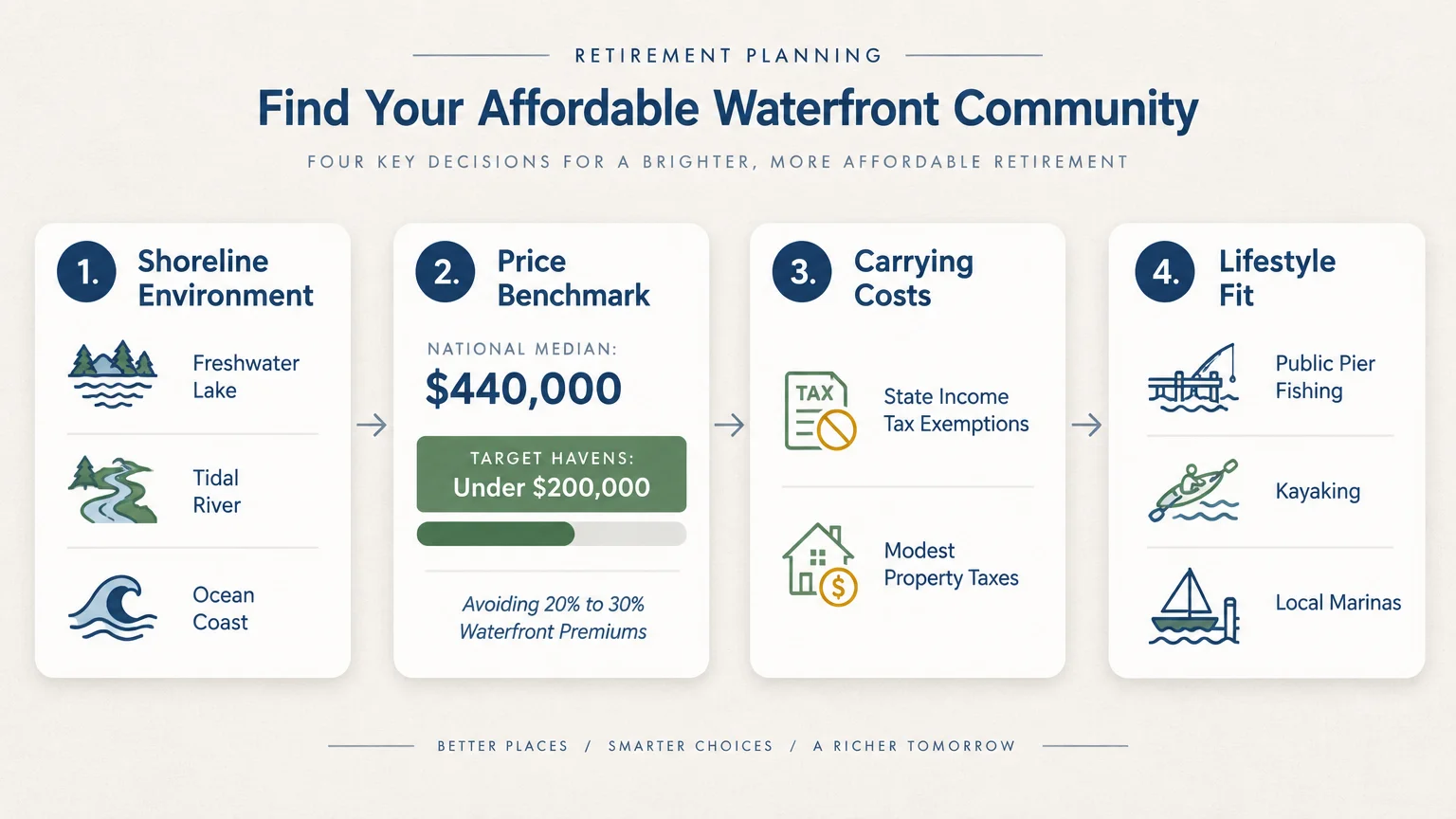 Diagram outlining four key decisions for affordable retirement: shoreline environment, price benchmark, carrying costs, and lifestyle fit.