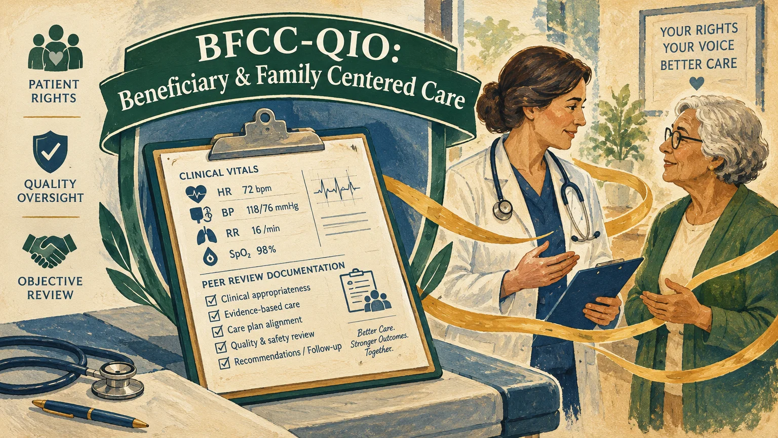 Illustration of a doctor speaking with an older patient next to a medical clipboard detailing clinical vitals and peer review.