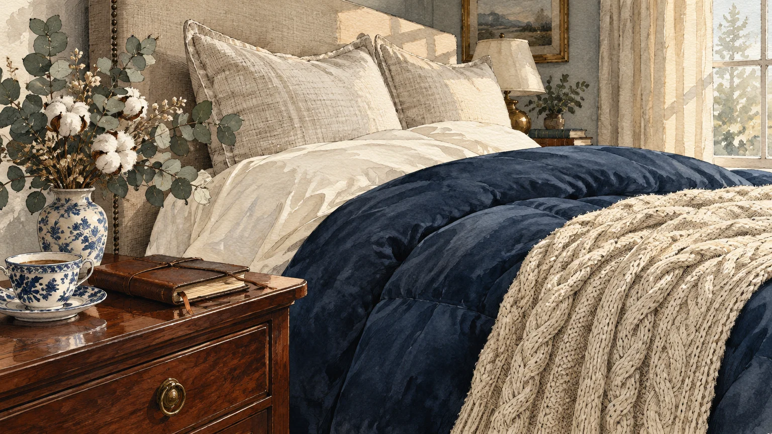 Cozy bed with pillows, a dark blue comforter, knit throw, and a wooden nightstand with a tea cup.