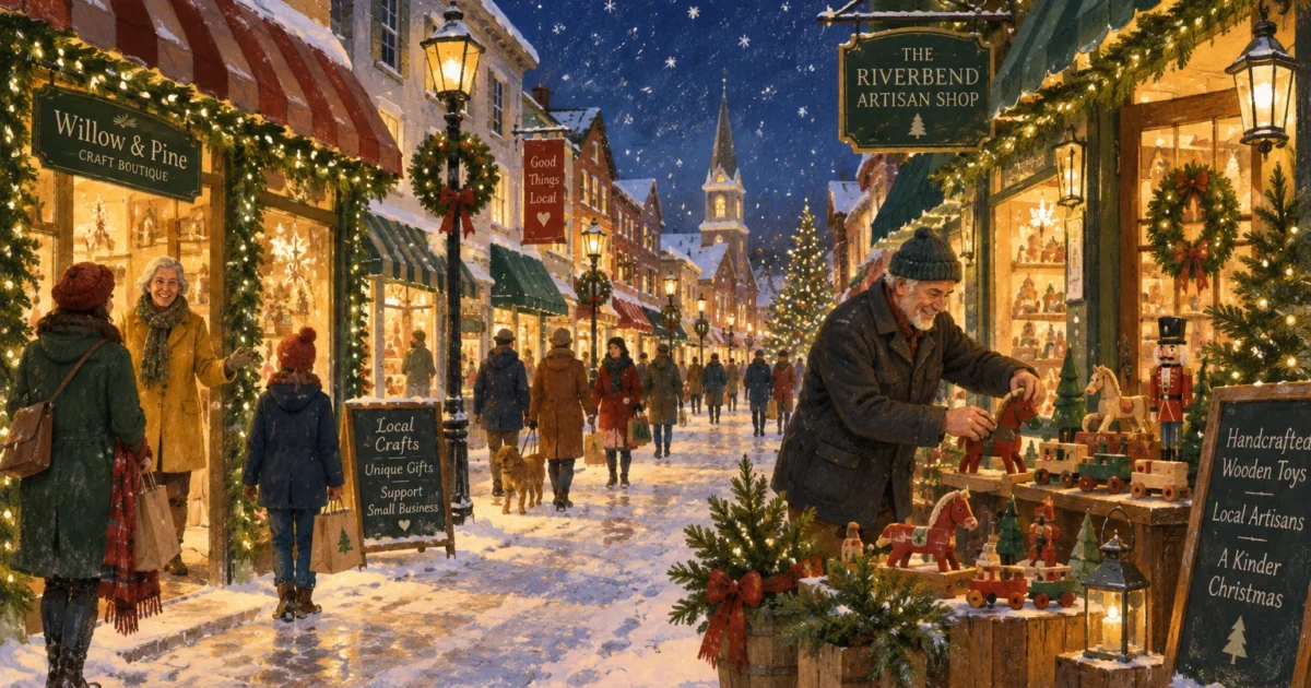 Illustration of a snowy holiday street market with shoppers and an older man arranging wooden toys outside a boutique.