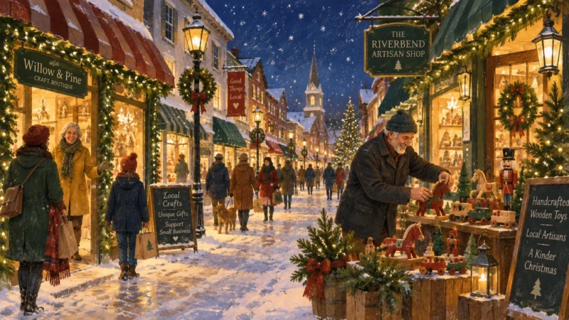 Illustration of a snowy holiday street market with shoppers and an older man arranging wooden toys outside a boutique.