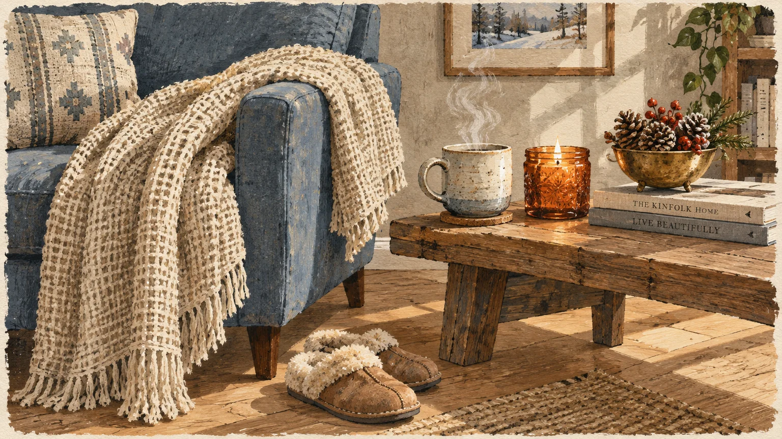 Cozy living room corner with a blue armchair, knit throw blanket, slippers, steaming mug, and candle on a rustic wooden table.
