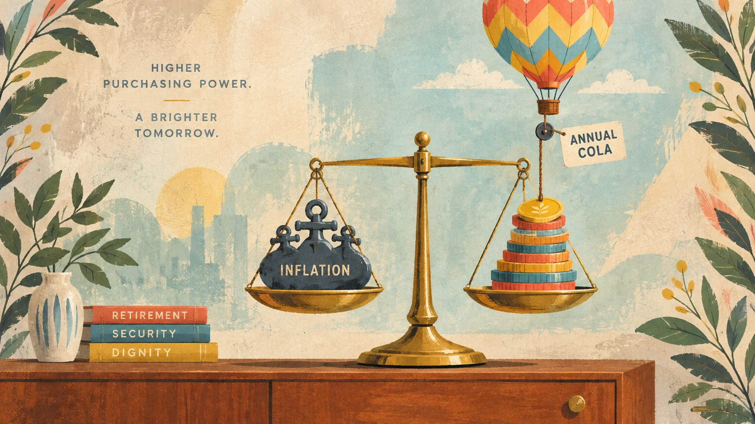 Illustration of a balance scale with inflation weights on one side and coins lifted by a hot air balloon on the other.