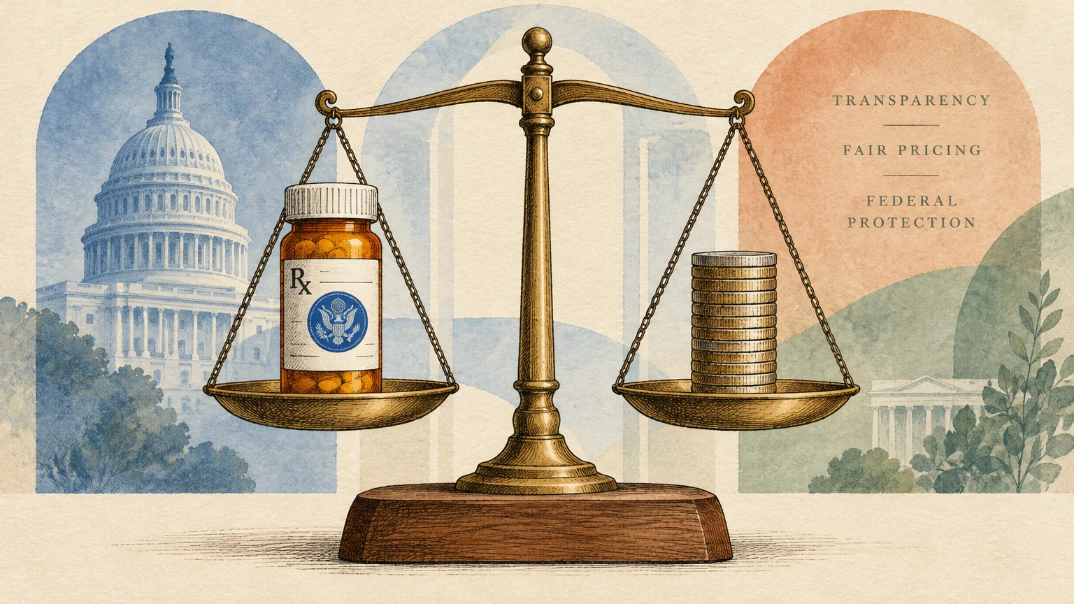 Brass balance scale holding a pill bottle on one tray and a stack of coins on the other, set before the Capitol dome.