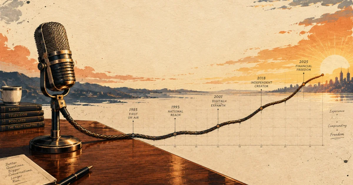 Illustration of a vintage microphone with its cable extending into an upward-trending career timeline graph at sunrise.