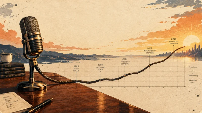 Illustration of a vintage microphone with its cable extending into an upward-trending career timeline graph at sunrise.