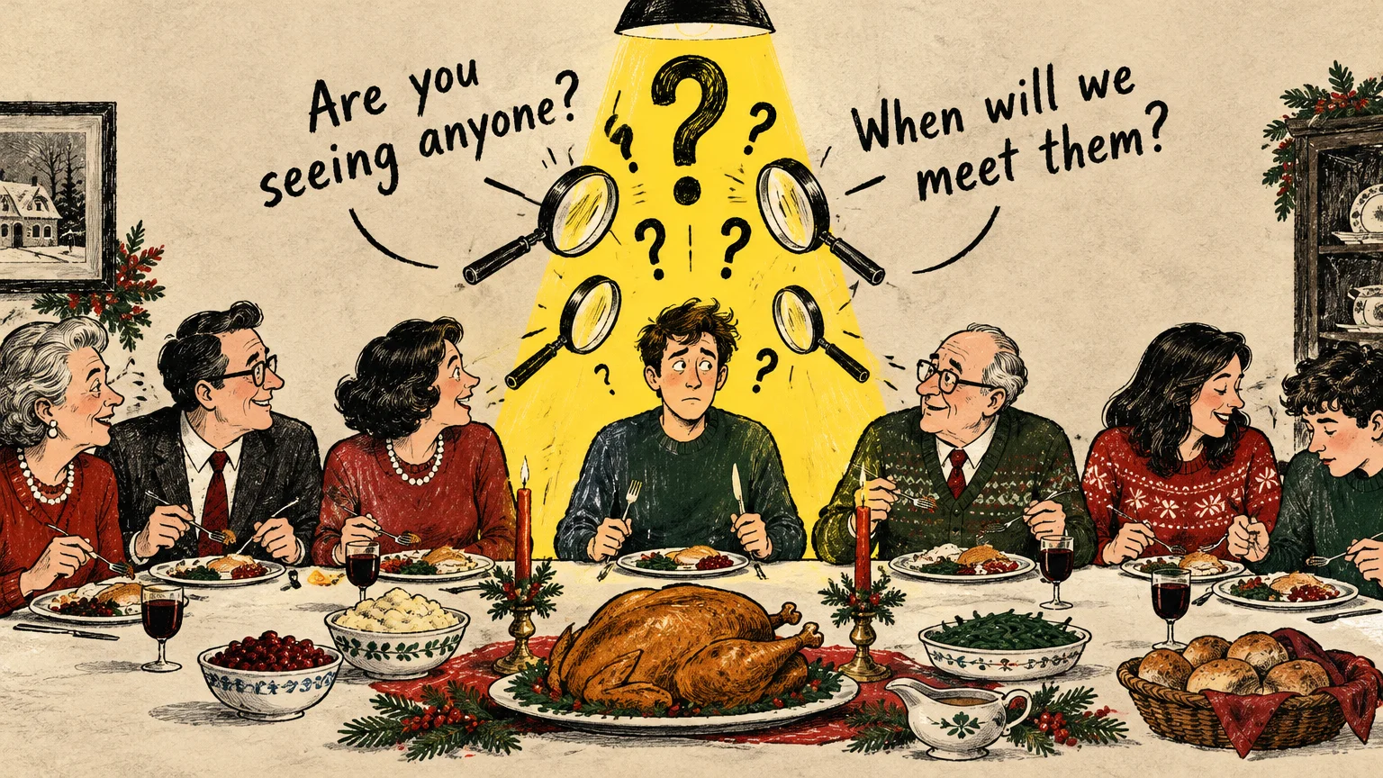 Illustration of a young man at a holiday dinner table under a spotlight surrounded by family, magnifying glasses, and questions.