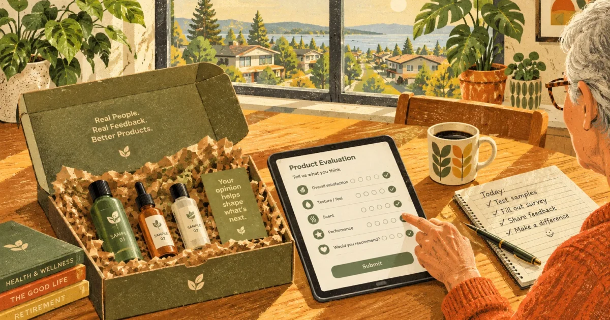 Person at a table filling out a product evaluation survey on a tablet next to a sample box of cosmetic bottles.