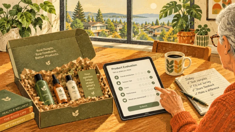 Person at a table filling out a product evaluation survey on a tablet next to a sample box of cosmetic bottles.
