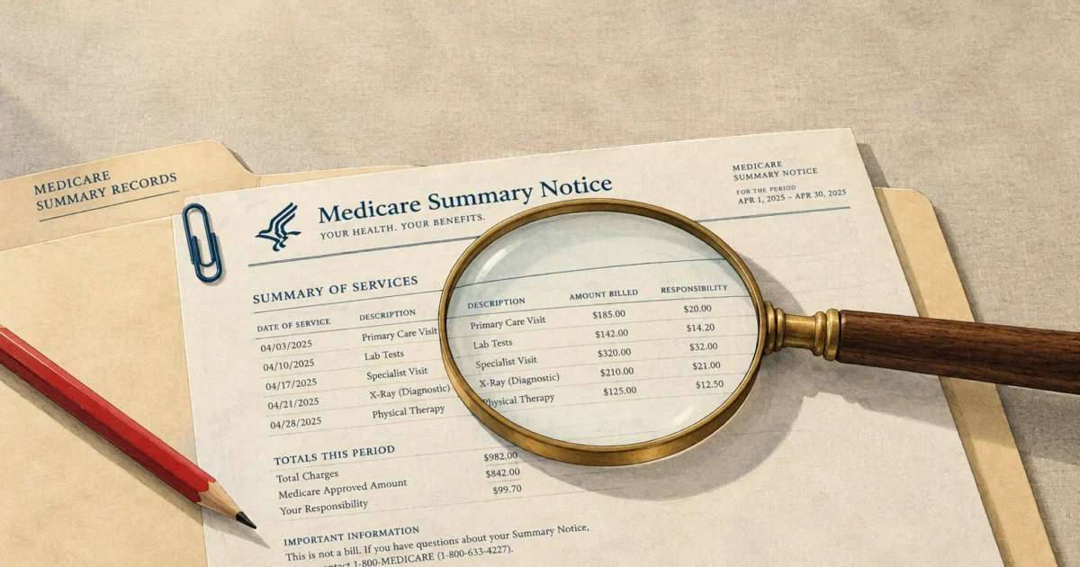 Magnifying glass over a Medicare Summary Notice document in a manila folder next to a red pencil.