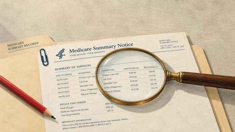 Magnifying glass over a Medicare Summary Notice document in a manila folder next to a red pencil.