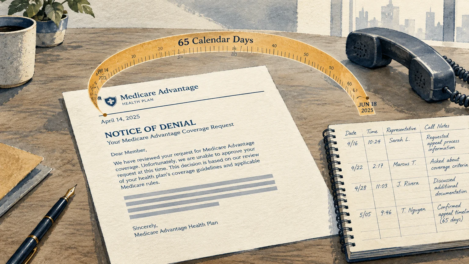 Illustration of a Medicare Advantage denial letter with an arched measuring tape spanning 65 calendar days to a notebook log.