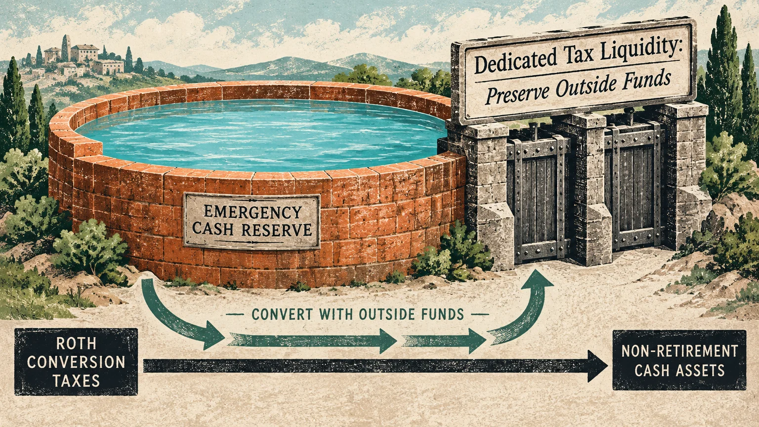 A brick water reservoir labeled Emergency Cash Reserve beside wooden gates and diagrams about Roth conversion taxes.
