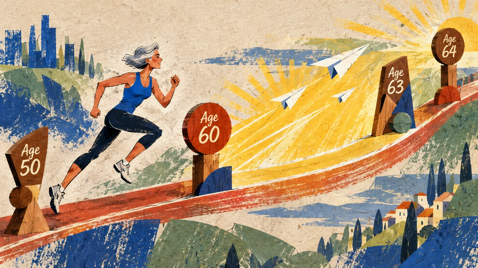 Illustration of an older woman running uphill along a track marked with age milestones toward a rising sun.