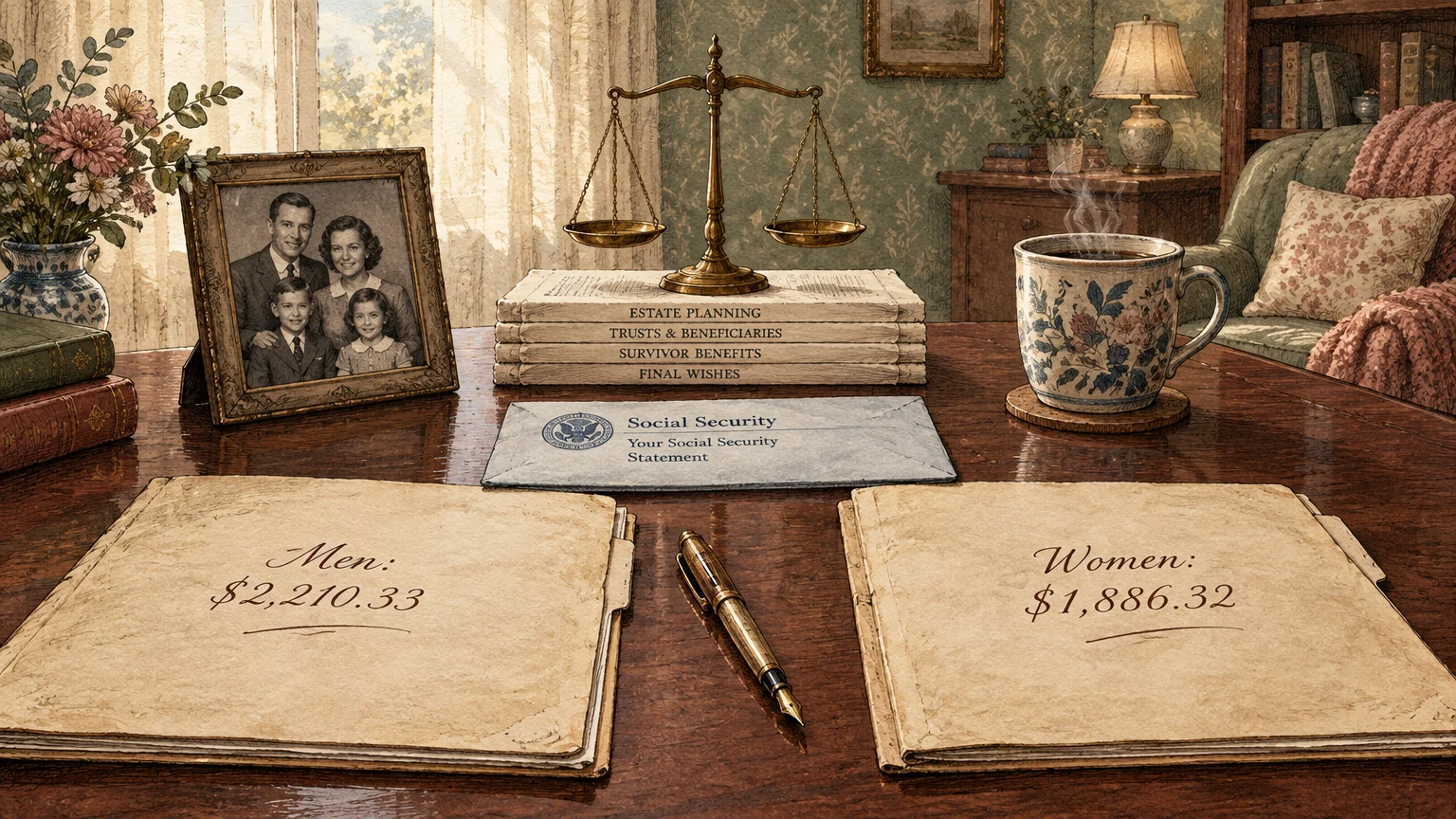 Two folders on a desk show benefit amounts for men and women beside a brass scale, family photo, and coffee mug.