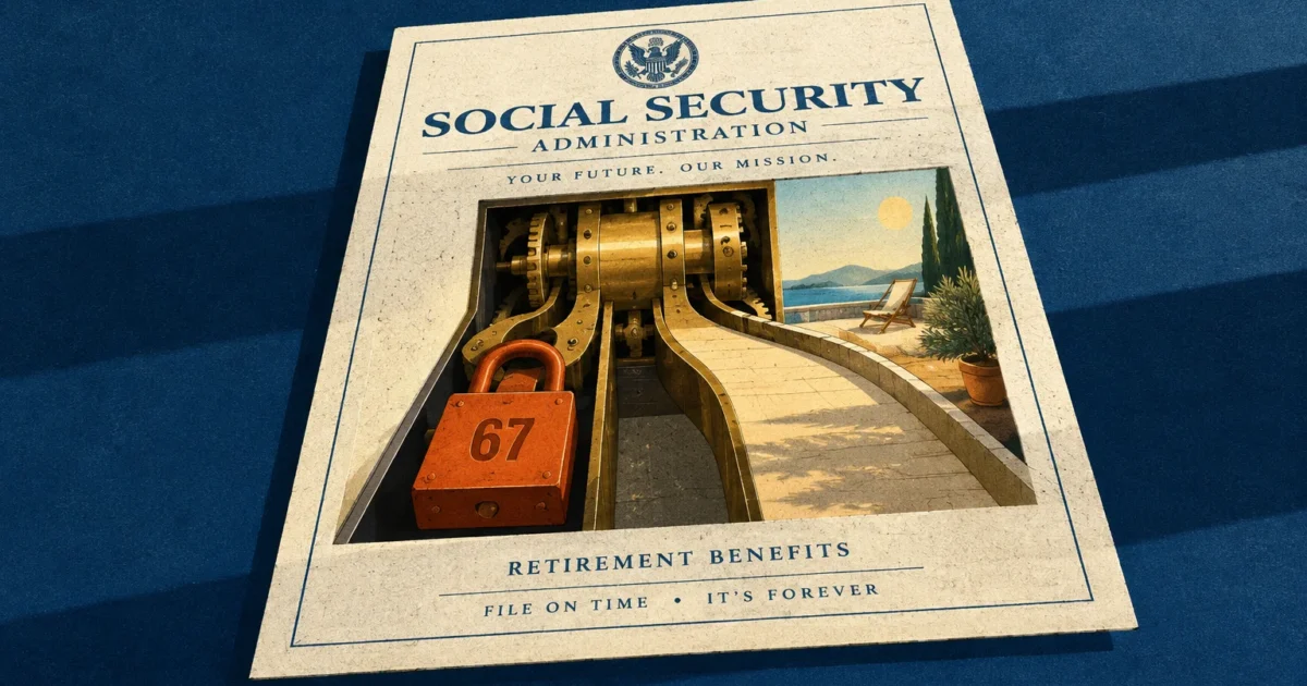 Booklet showing mechanical gears, a red padlock labeled 67, and a walkway leading to a sunny terrace.