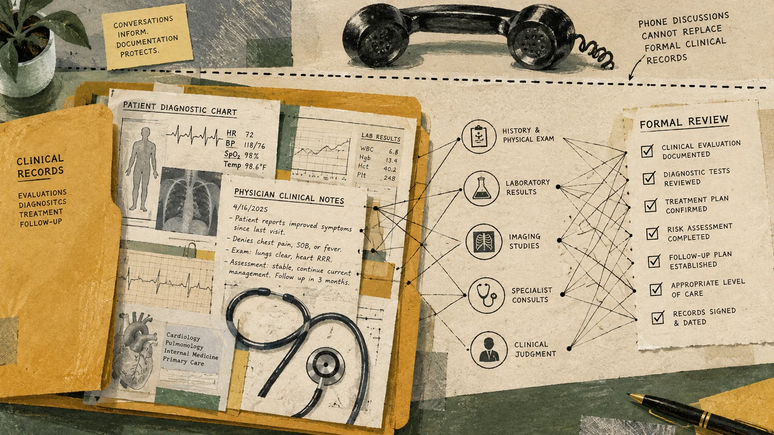 Illustration of medical charts, a stethoscope, and an evaluation checklist alongside a black telephone receiver.