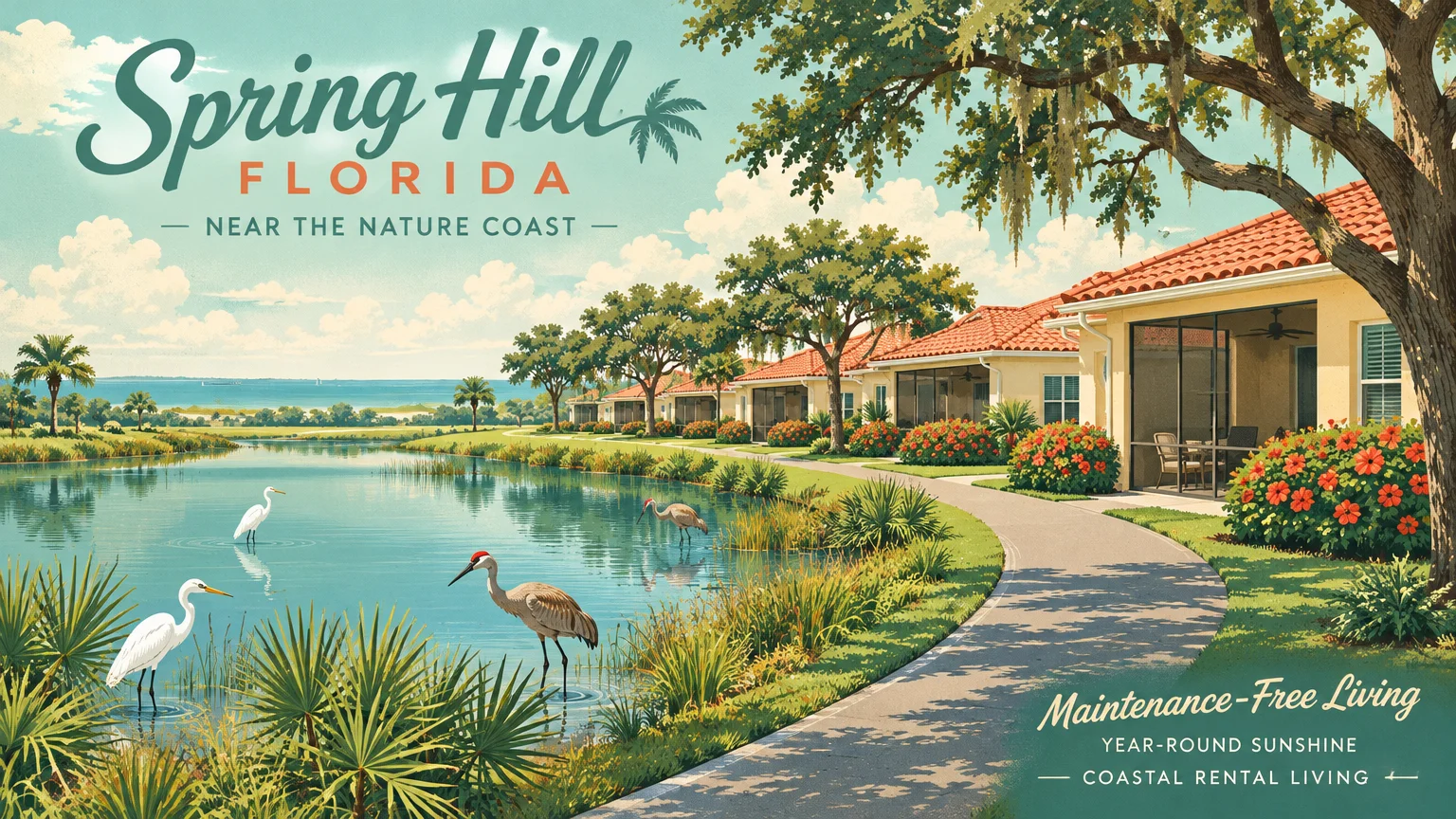 Illustration of Florida coastal townhomes along a pond with wading egrets, cranes, and a curved paved walking path.