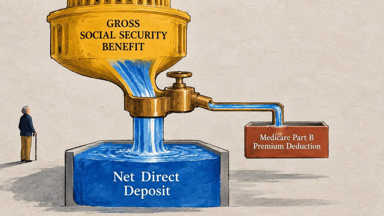Illustration of water flowing from a golden dome funnel into a direct deposit pool, with a pipe diverting water to Medicare.
