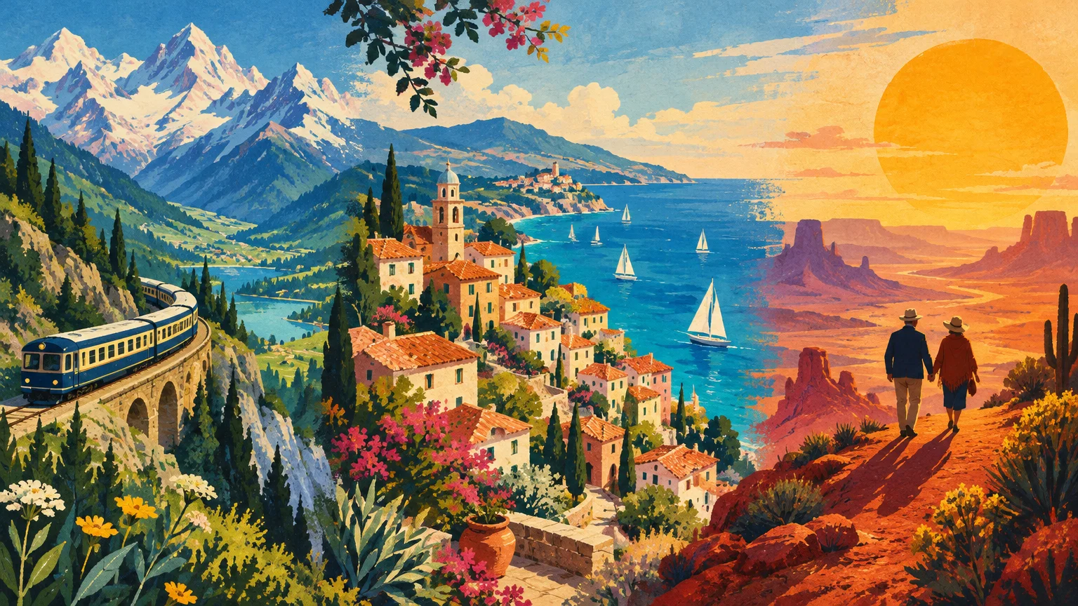 Split illustration of a coastal village with a train and a couple walking in a desert canyon at sunset.