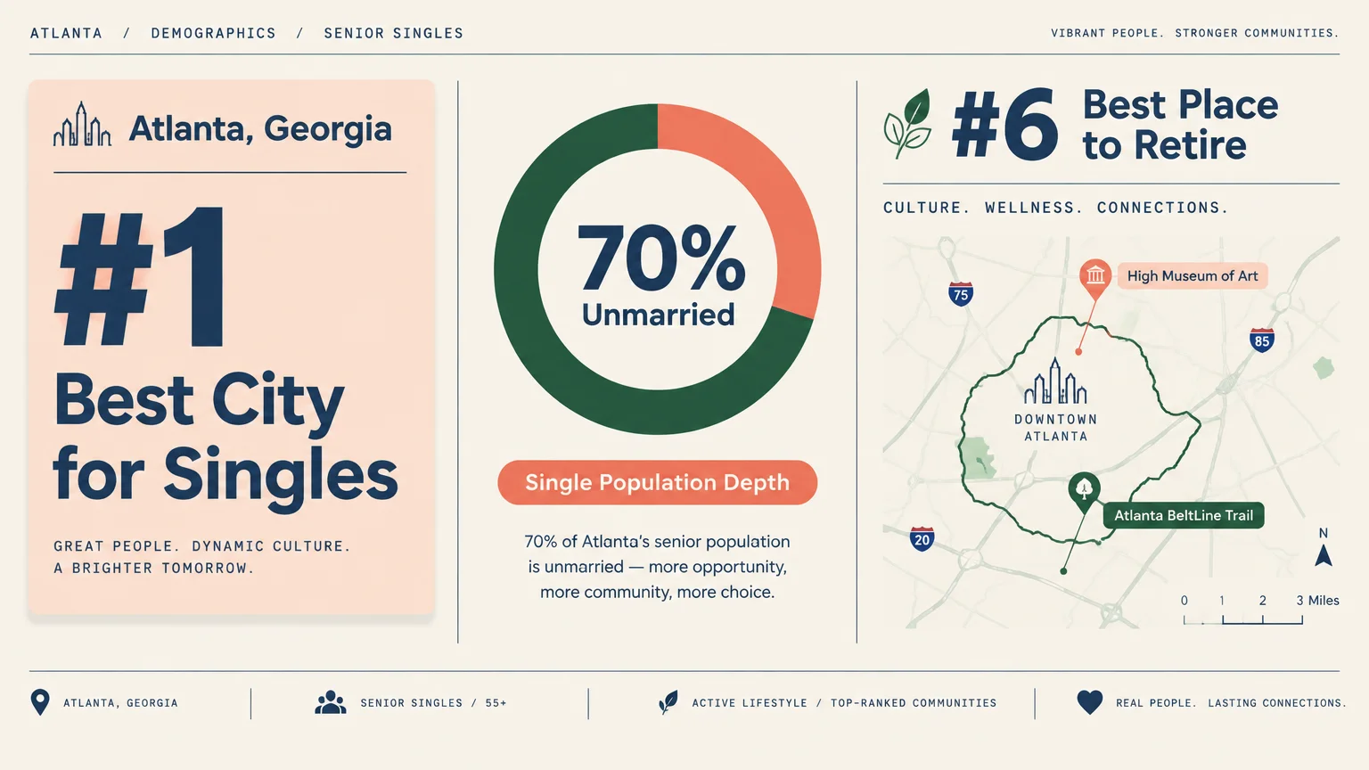 Infographic for Atlanta showing #1 Best City for Singles, a 70% unmarried donut chart, #6 place to retire, and a city map.