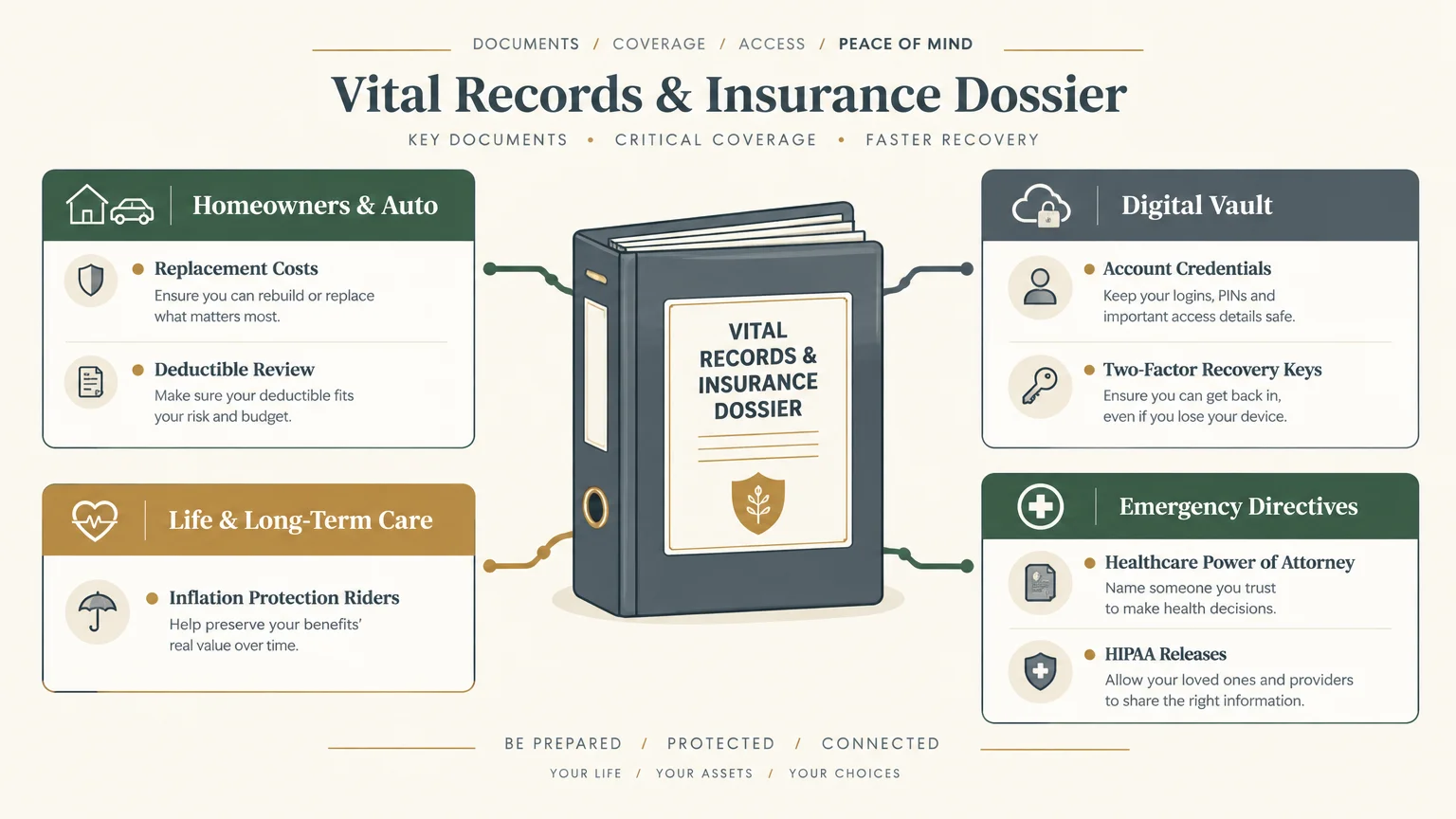 Diagram of a central vital records binder connected to insurance, digital vault, and emergency directive checklists.