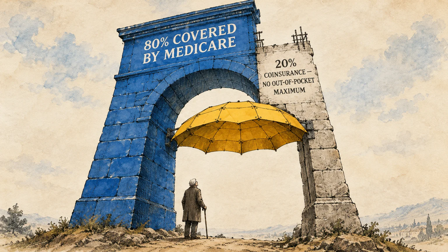 A man looks at a stone archway labeled with Medicare coverage percentages spanning over a yellow umbrella.