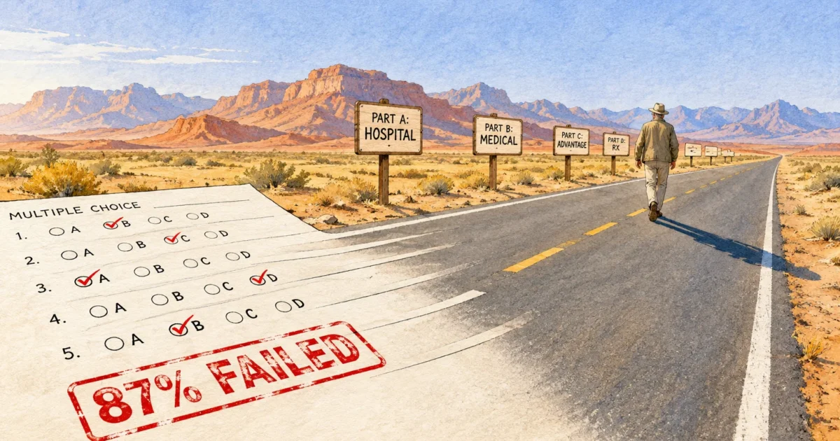 Illustration of a road turning into a failed multiple-choice test beside road signs for Medicare Parts A, B, C, and D.