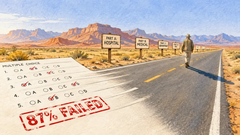 Illustration of a road turning into a failed multiple-choice test beside road signs for Medicare Parts A, B, C, and D.