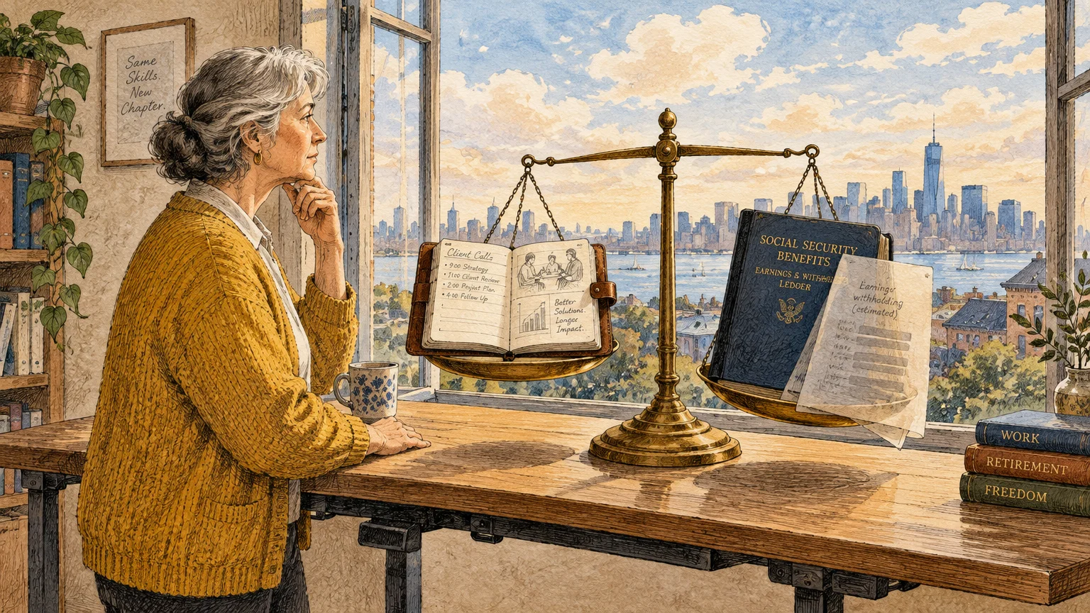 Woman looking out a window beside a balance scale holding an open planner and a Social Security book with city skyline view.