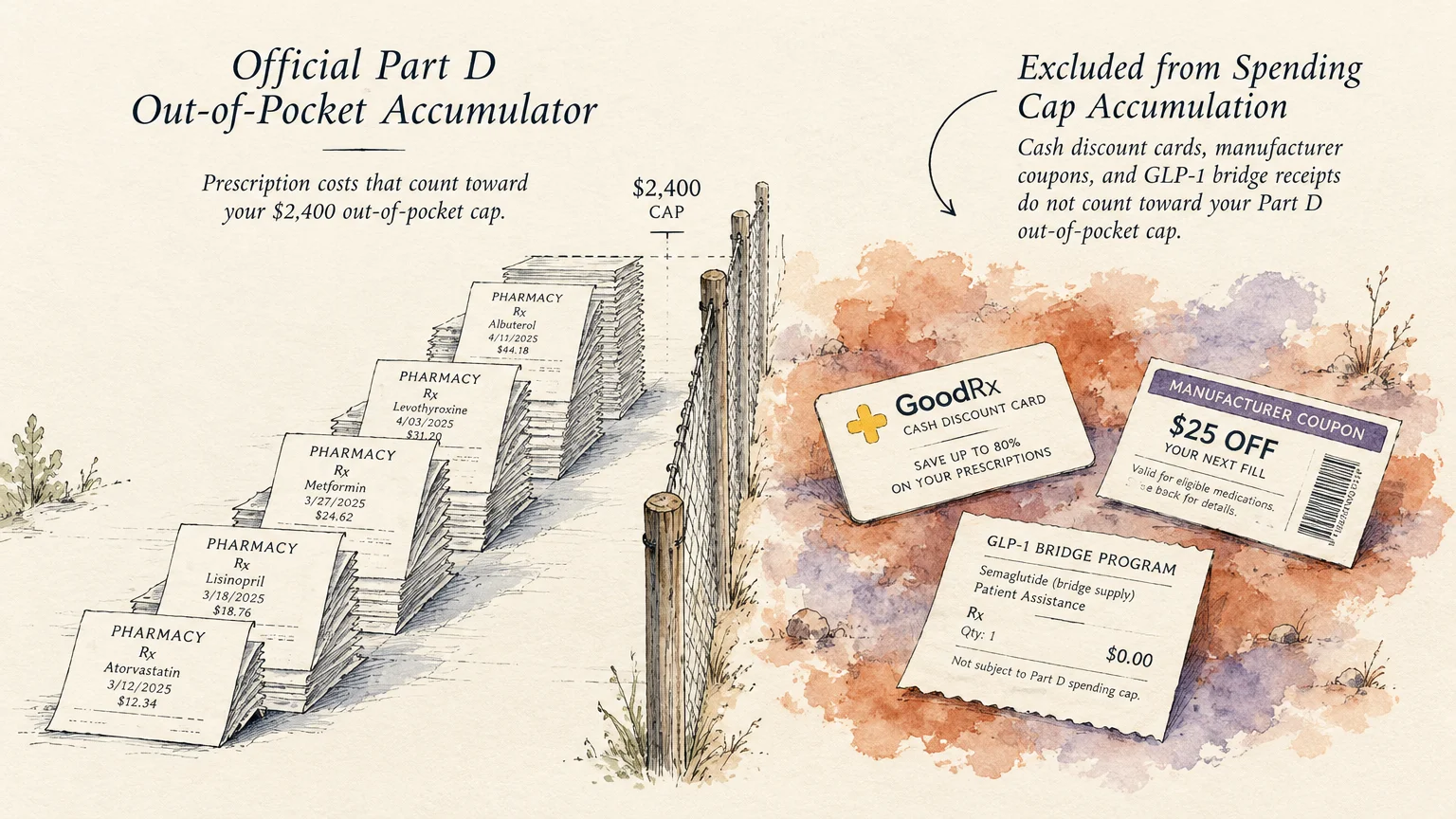 Illustration of pharmacy receipts stacked against a fence, separated from discount cards and manufacturer coupons outside.