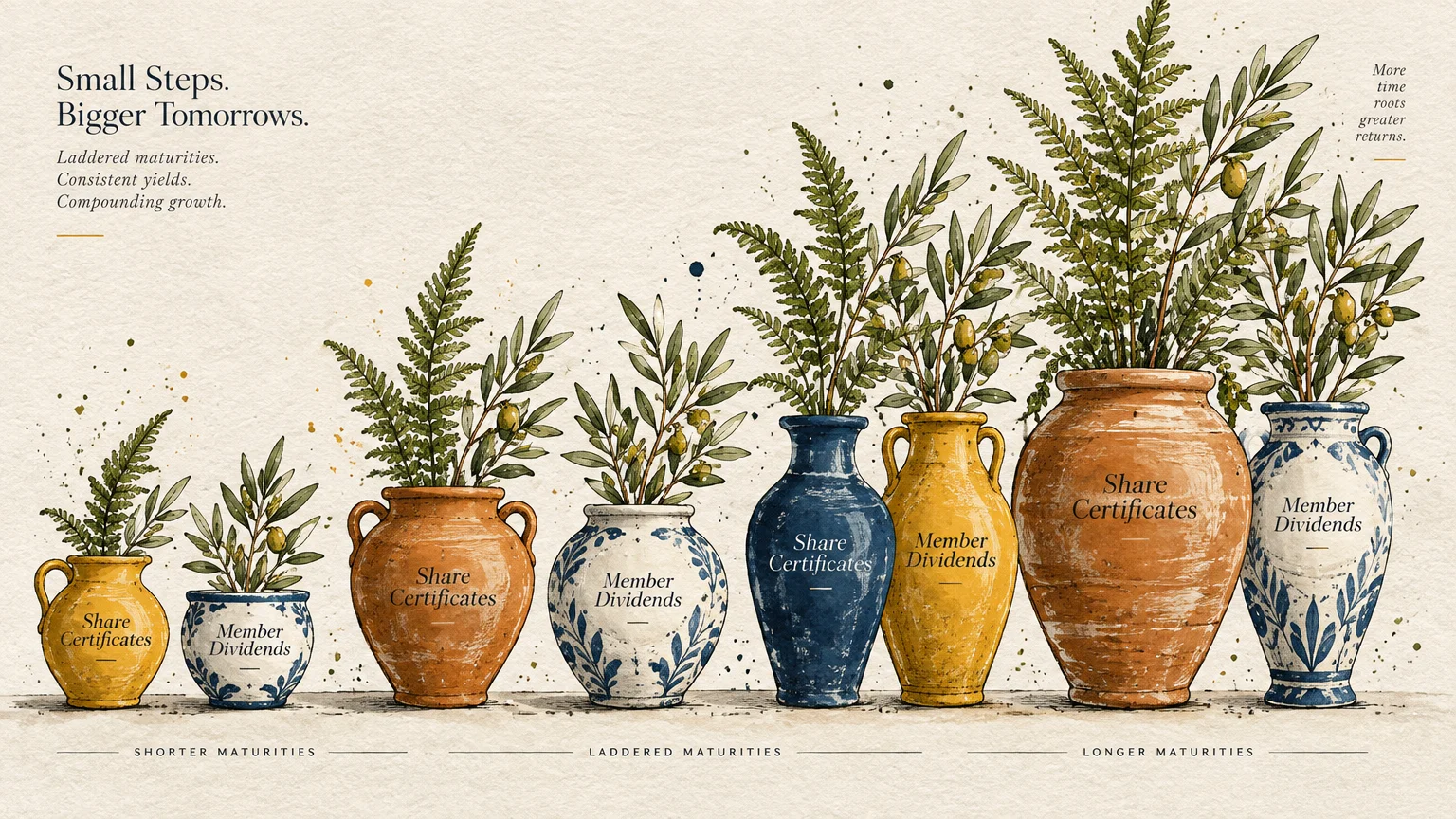 Illustration of ceramic pots growing progressively larger with green branches, labeled Share Certificates and Member Dividends.