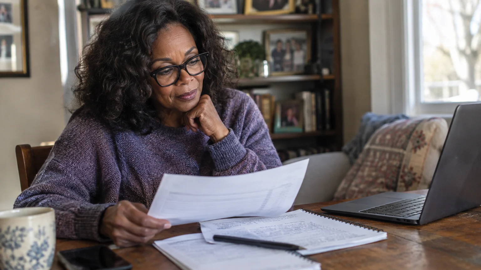 A woman wearing glasses reviews paperwork at a wooden table beside an open laptop and notebook.