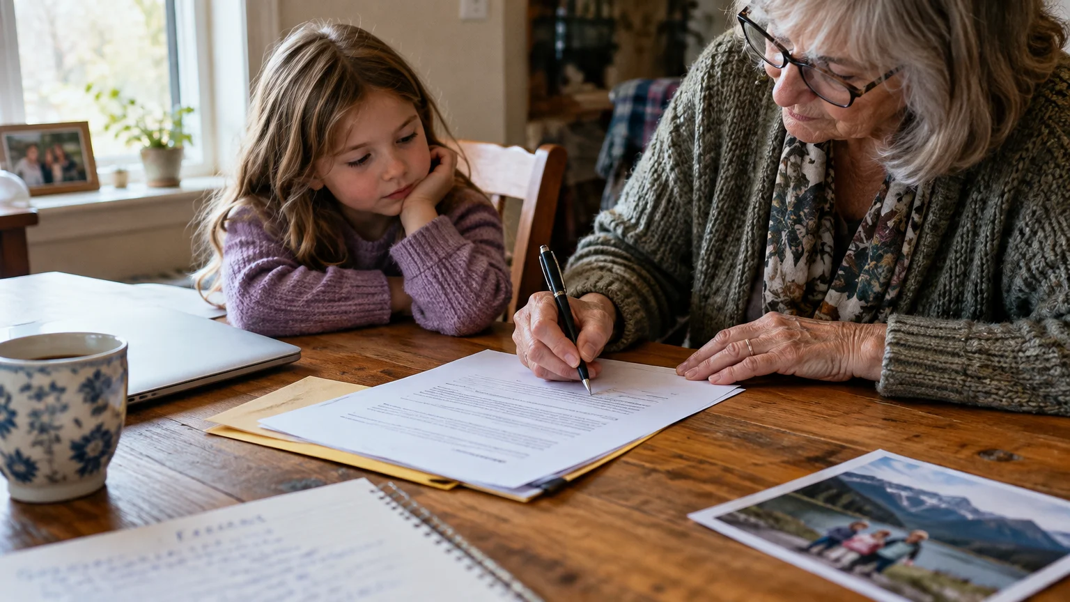 An older woman with glasses signs paperwork with a pen beside a young girl resting her chin on her hand at a wooden table.