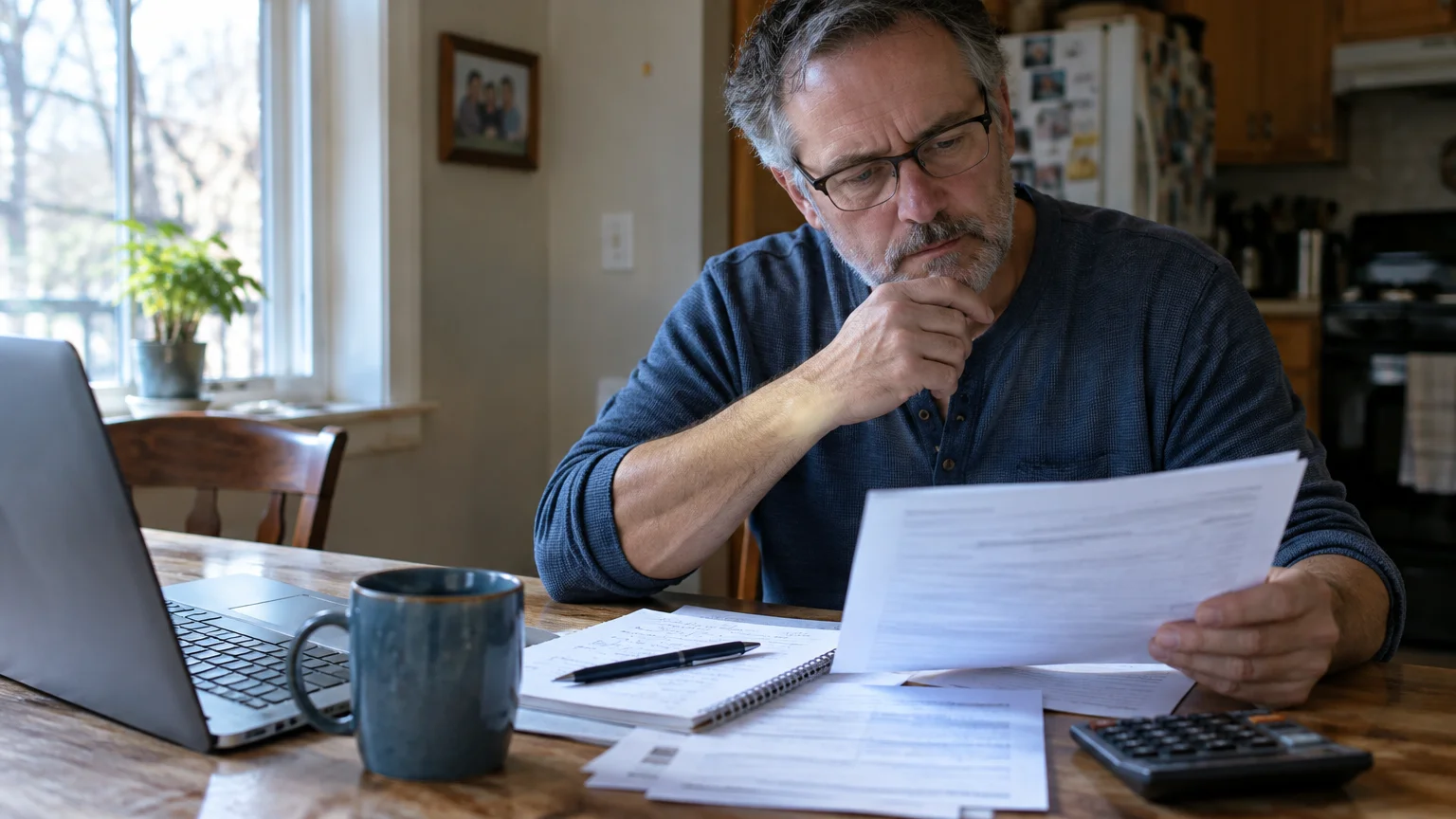 A man wearing glasses sits at a kitchen table, reviewing paperwork alongside a laptop, calculator, and coffee mug.