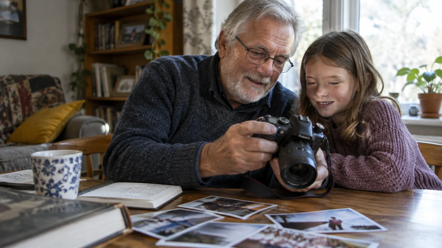 Grandfather and granddaughter sitting at a wooden table reviewing digital camera settings above printed photographs.