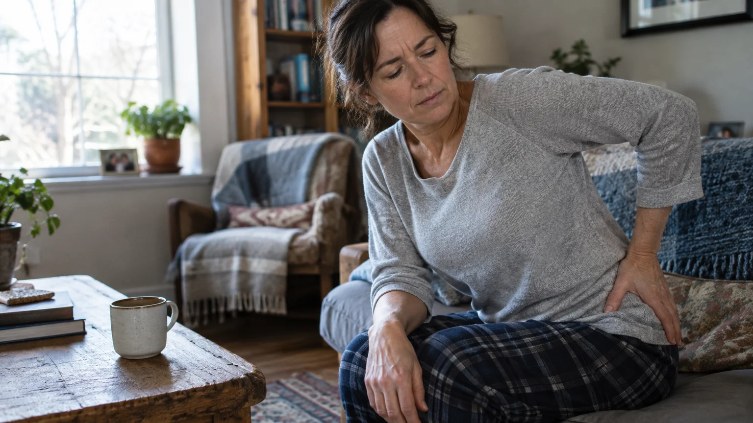 A woman sitting on a living room sofa holding her lower back and hip in discomfort near a coffee table with a mug.