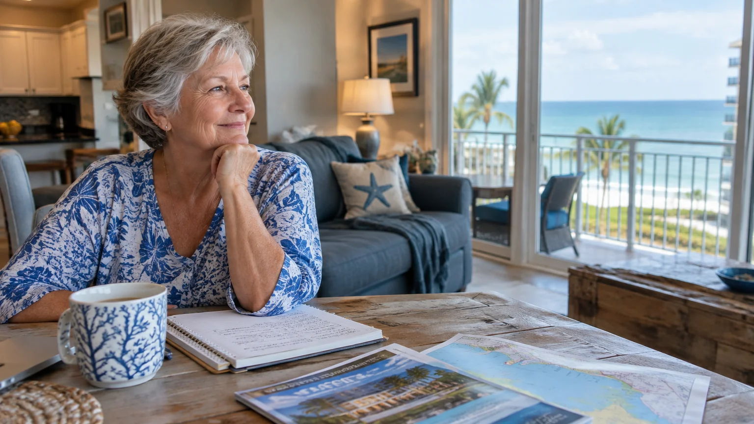 Senior woman sitting at a dining table with a notebook and coffee mug, overlooking an oceanfront condo balcony.