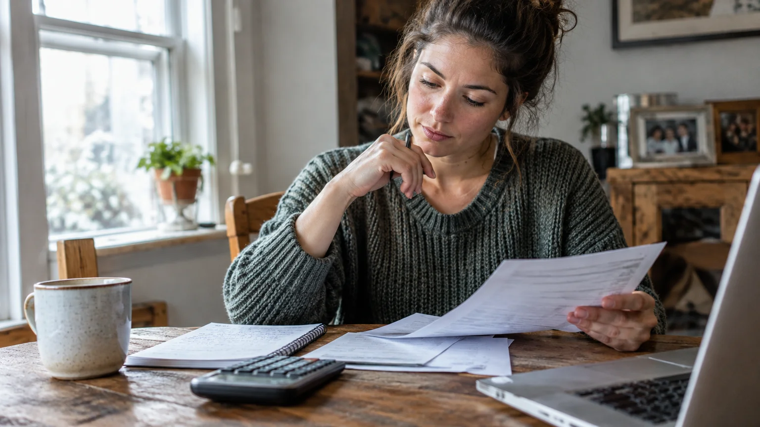 Woman seated at a wooden table reviewing paperwork beside a calculator, notebook, coffee mug, and laptop.