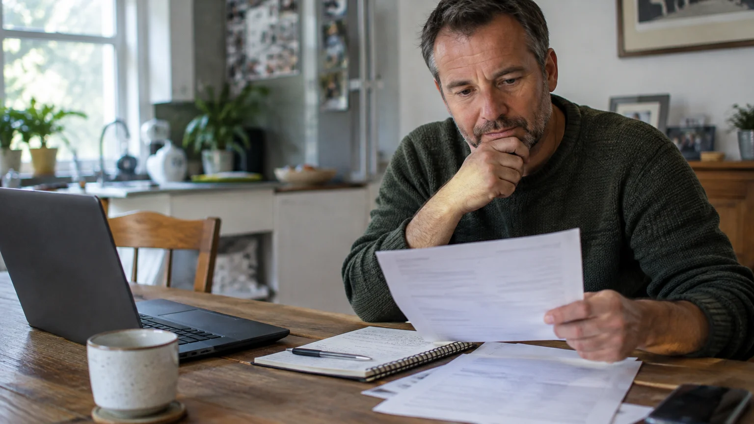 A man sits at a wooden table with a laptop, notebook, and coffee mug, thoughtfully reviewing a paper document.