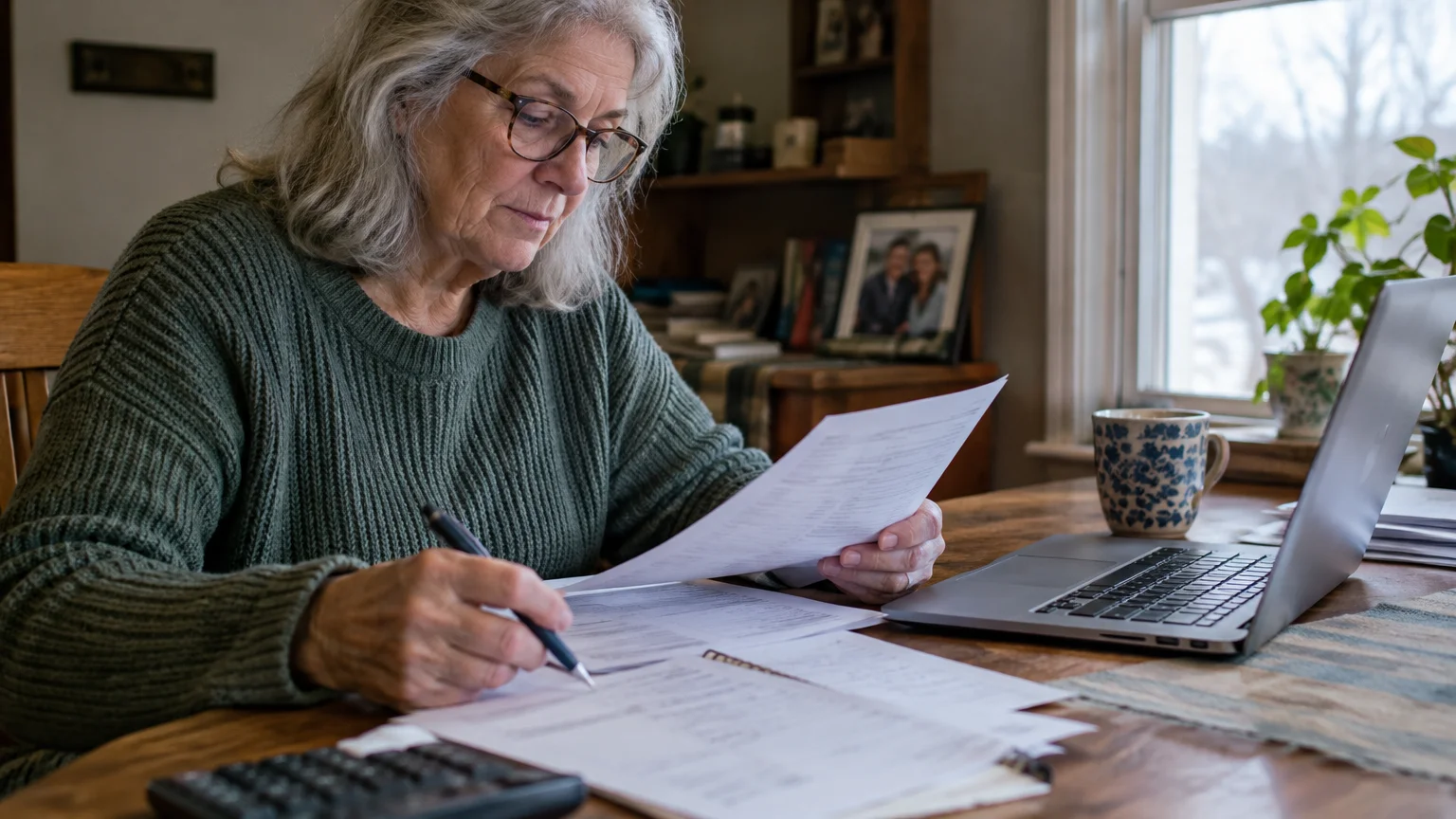 An older woman with gray hair and glasses reviews paperwork at a wooden table beside a laptop and calculator.