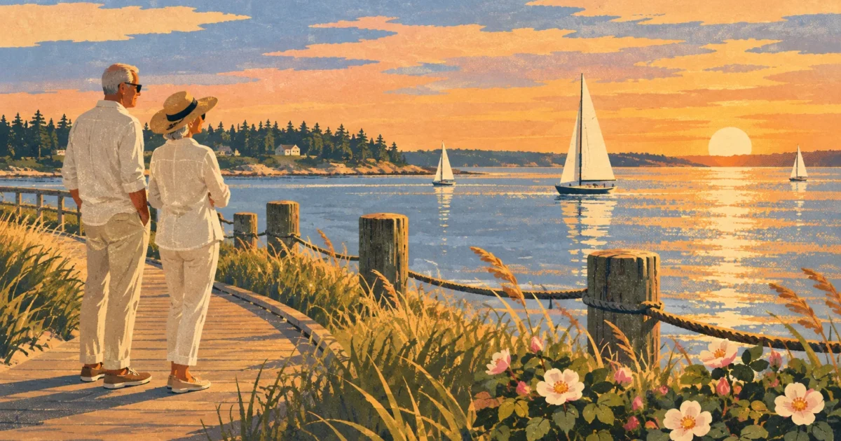 Illustration of an older couple on a coastal boardwalk watching sailboats on the water at sunset.