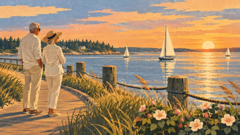 Illustration of an older couple on a coastal boardwalk watching sailboats on the water at sunset.