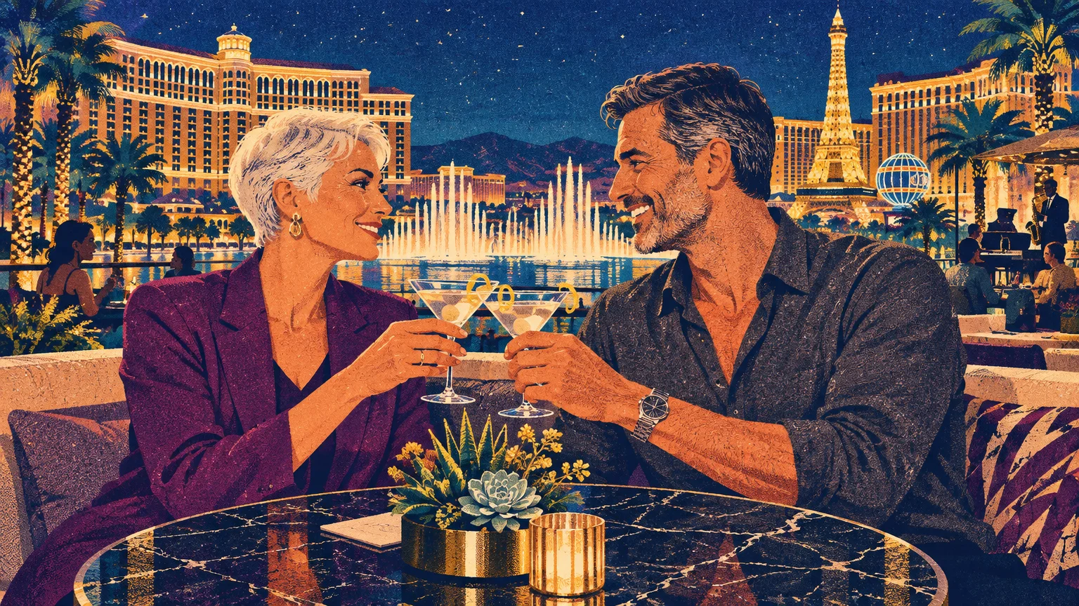 Illustration of a mature couple toasting cocktails on a Las Vegas patio overlooking illuminated fountains and city landmarks.