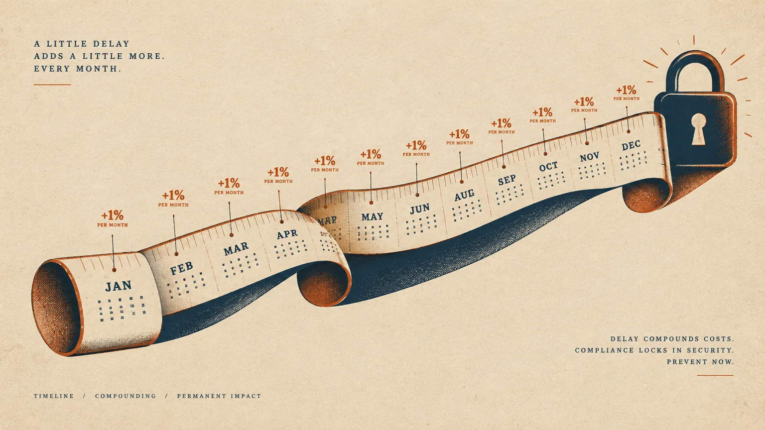 Unrolling calendar tape measure showing plus one percent per month rising toward a large padlock on a beige background.