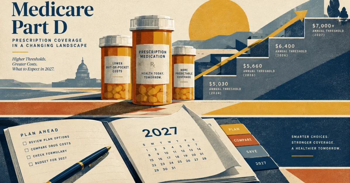 Illustration of pill bottles, a 2027 planner notebook with a pen, and an ascending staircase graph with cost thresholds.