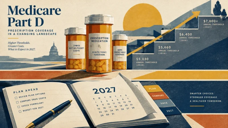 Illustration of pill bottles, a 2027 planner notebook with a pen, and an ascending staircase graph with cost thresholds.
