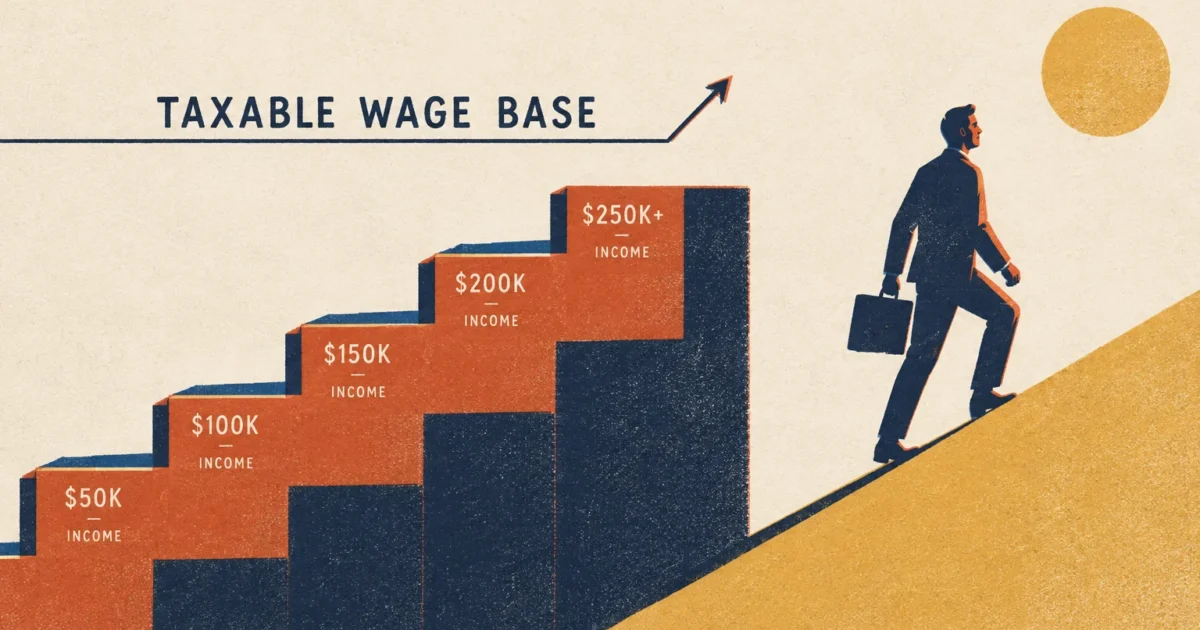 Illustration of a businessman climbing a slope alongside rising bar columns marked with increasing income levels.