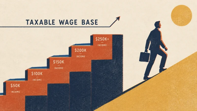 Illustration of a businessman climbing a slope alongside rising bar columns marked with increasing income levels.